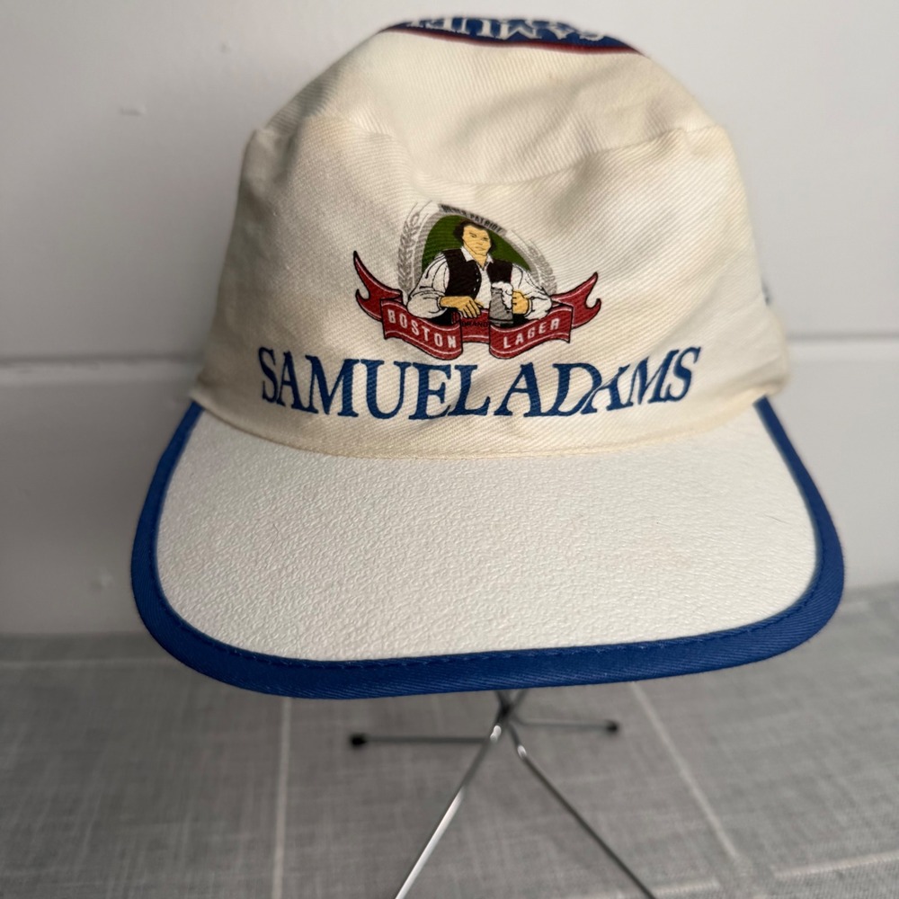 Vintage Samuel Adams Beer Painters Cap Hat Boston Lager AOP White Blue 80s OSFA‎
